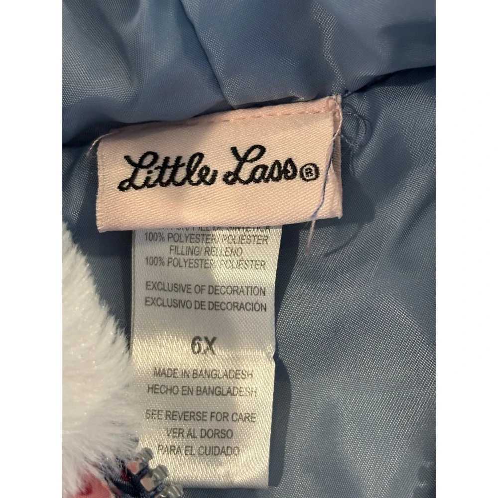Little Lass Girls Blue Floral Faux Fur Trim Hooded Puffer Vest Size 6X